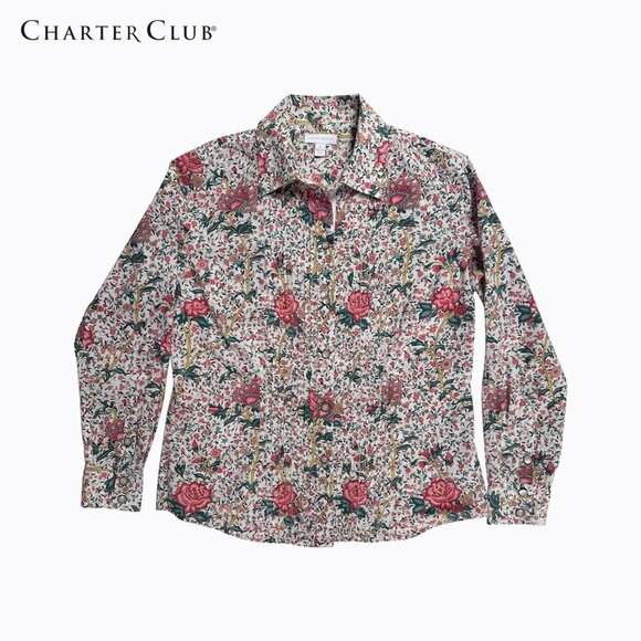Charter Club Pink Floral Rose Shirt Sz 6 Cotton Button-Up Preppy Coastal Grandma - Picture 7 of 7